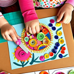 **

A vibrant and colorful scene of children engaged in a creative collage activity. The table is overflowing with various materials like colorful paper scraps, fabric pieces, buttons, beads, and glitter. Children are happily cutting, gluing, and arranging these materials to create unique and imaginative collage artwork. The overall mood should be joyful, energetic, and expressive of childlike creativity. Focus on textures and colors of the materials.

**