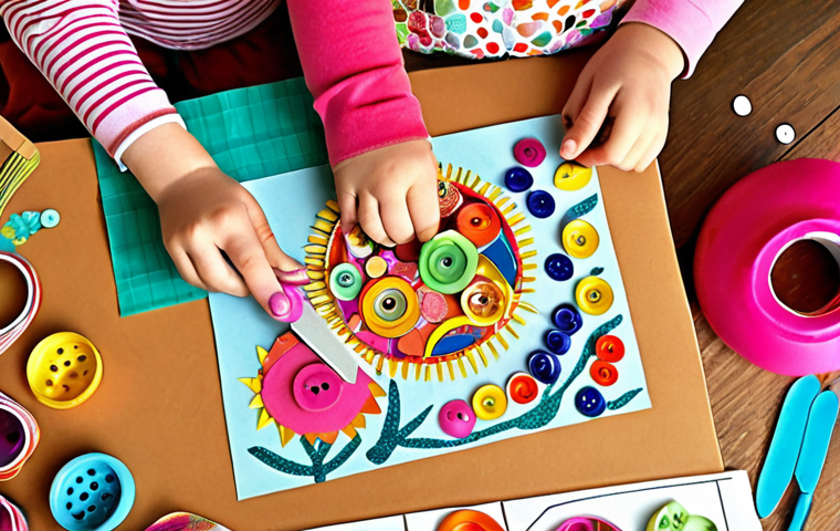 **

A vibrant and colorful scene of children engaged in a creative collage activity. The table is overflowing with various materials like colorful paper scraps, fabric pieces, buttons, beads, and glitter. Children are happily cutting, gluing, and arranging these materials to create unique and imaginative collage artwork. The overall mood should be joyful, energetic, and expressive of childlike creativity. Focus on textures and colors of the materials.

**
