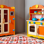 **A vibrant, child-sized wooden toy kitchen set. Focus on safe, durable materials like certified wood and high-quality plastic. The set should be ergonomically designed for small hands and include various cooking utensils. The backdrop should suggest a cheerful Italian home environment.**