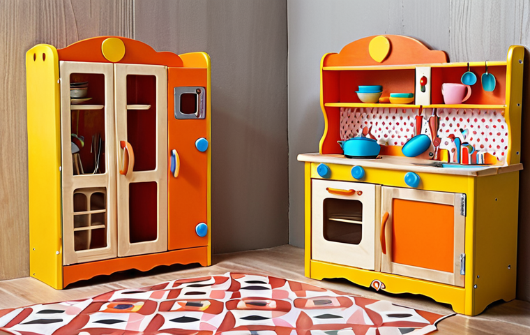 **A vibrant, child-sized wooden toy kitchen set. Focus on safe, durable materials like certified wood and high-quality plastic. The set should be ergonomically designed for small hands and include various cooking utensils. The backdrop should suggest a cheerful Italian home environment.**