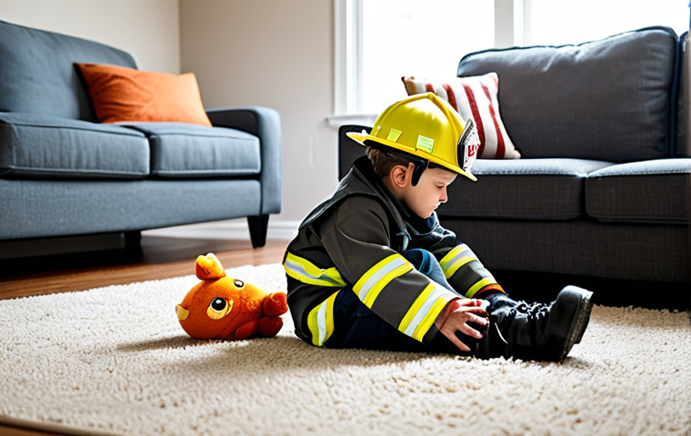소방관 역할놀이 불 끄는 장난감 - A young boy in a fully clothed firefighter costume, including a helmet and boots, dramatically "resc...