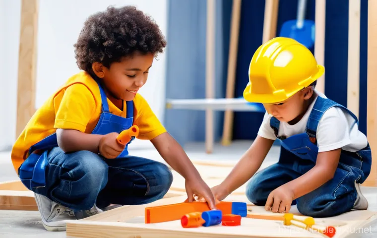 공구놀이 기능별 제품 - **Prompt 2: Collaborative Imagination and Creative Building**
    "Two cheerful elementary school ch...