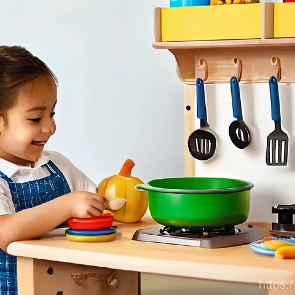 주방놀이 요리도구 세트 - **Prompt:** A cozy and well-lit children's playroom, featuring a beautifully crafted wooden toy kitc...