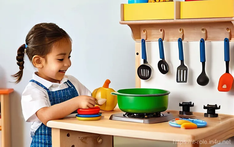 주방놀이 요리도구 세트 - **Prompt:** A cozy and well-lit children's playroom, featuring a beautifully crafted wooden toy kitc...