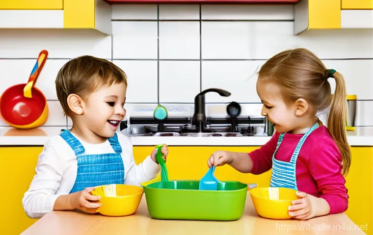 주방놀이 요리도구 세트 - **Prompt:** A cozy and well-lit children's playroom, featuring a beautifully crafted wooden toy kitc...