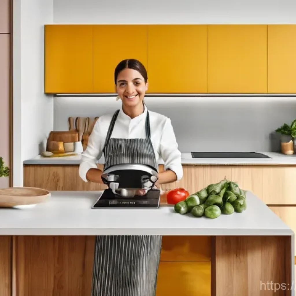 주방놀이 다기능 조리도구 - **Prompt:** A vibrant, sunlit modern Italian kitchen where a smiling woman, aged 30s, is efficiently...