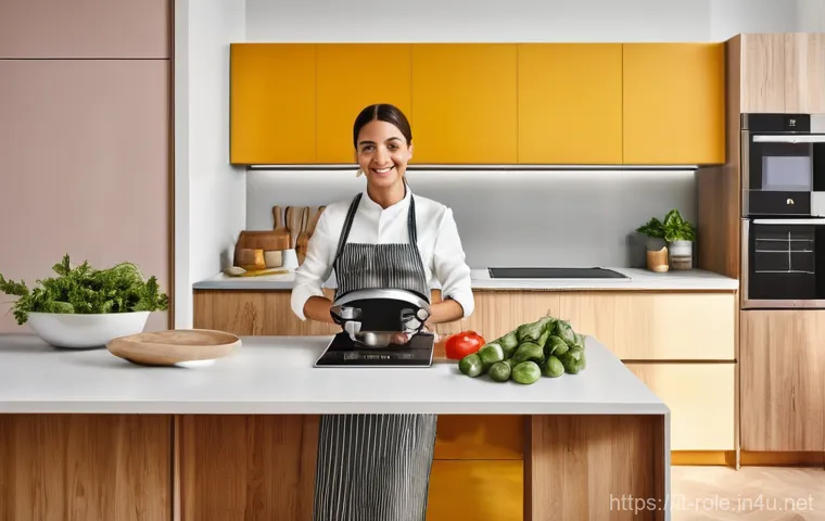 주방놀이 다기능 조리도구 - **Prompt:** A vibrant, sunlit modern Italian kitchen where a smiling woman, aged 30s, is efficiently...