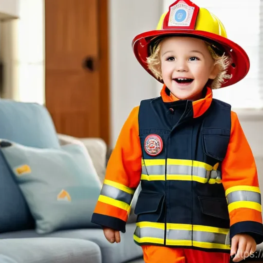 소방관 놀이복 - A joyful 5-year-old child, fully immersed in imaginative play, dressed in a vibrant, safe, and comfo...