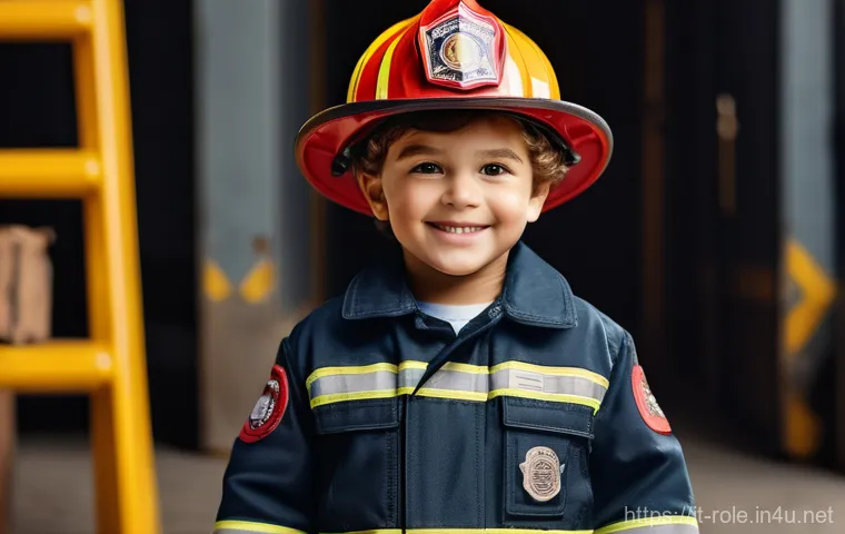 소방관 놀이복 - A joyful 5-year-old child, fully immersed in imaginative play, dressed in a vibrant, safe, and comfo...