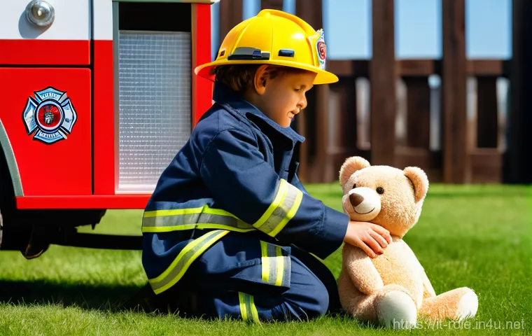 소방관 놀이복 - A detailed, medium close-up shot of a 6-year-old child wearing a high-quality firefighter costume, e...