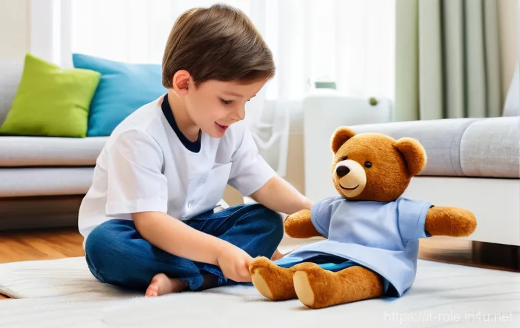 병원놀이 수술놀이 세트 - **Prompt 2: A curious 5-year-old girl, wearing a simple dress, confidently holds a toy otoscope to h...