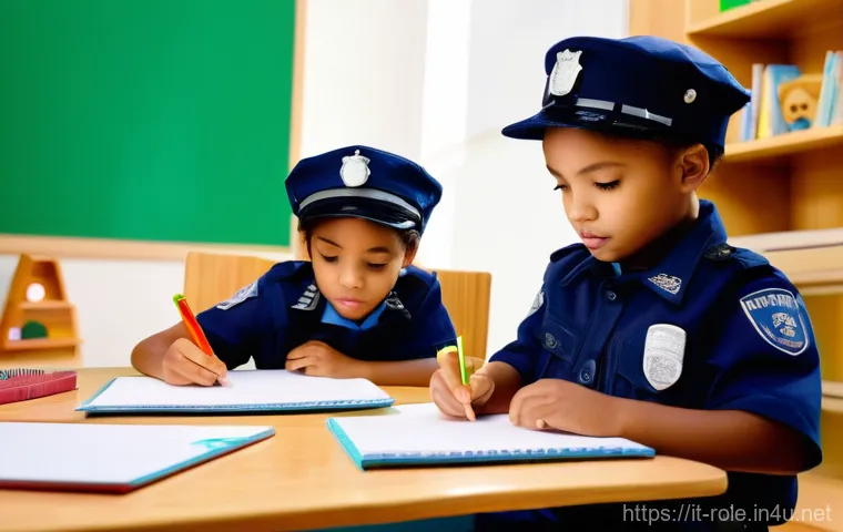 경찰관 완구 세트 - **Prompt 1: Collaborative Junior Detectives**
    A group of diverse children, aged 6-8, dressed in ...