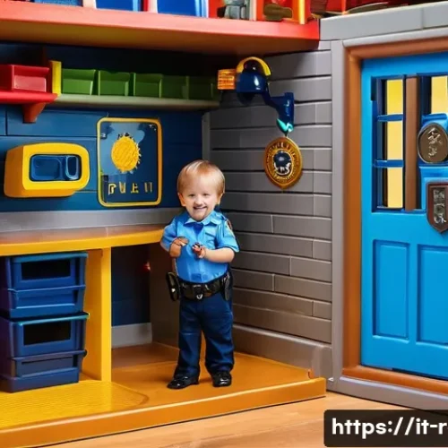 경찰관 놀이 체험장 같은 완구 - A lively and colorful children’s playroom featuring a realistic police station playset designed for ...