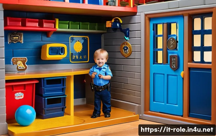 경찰관 놀이 체험장 같은 완구 - A lively and colorful children’s playroom featuring a realistic police station playset designed for ...