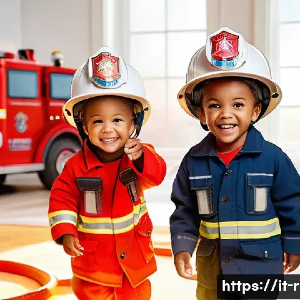 소방관 놀이 세트의 불길 놀이 - A group of young children aged 3 to 5 playing in a brightly lit playroom, wearing colorful firefight...