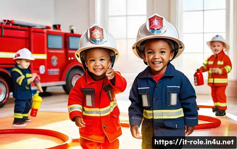 소방관 놀이 세트의 불길 놀이 - A group of young children aged 3 to 5 playing in a brightly lit playroom, wearing colorful firefight...