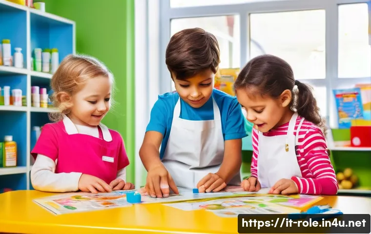 병원놀이 약사 놀이 세트 - A cheerful group of young children aged around 5-7 years, playing pharmacist role-play in a bright, ...