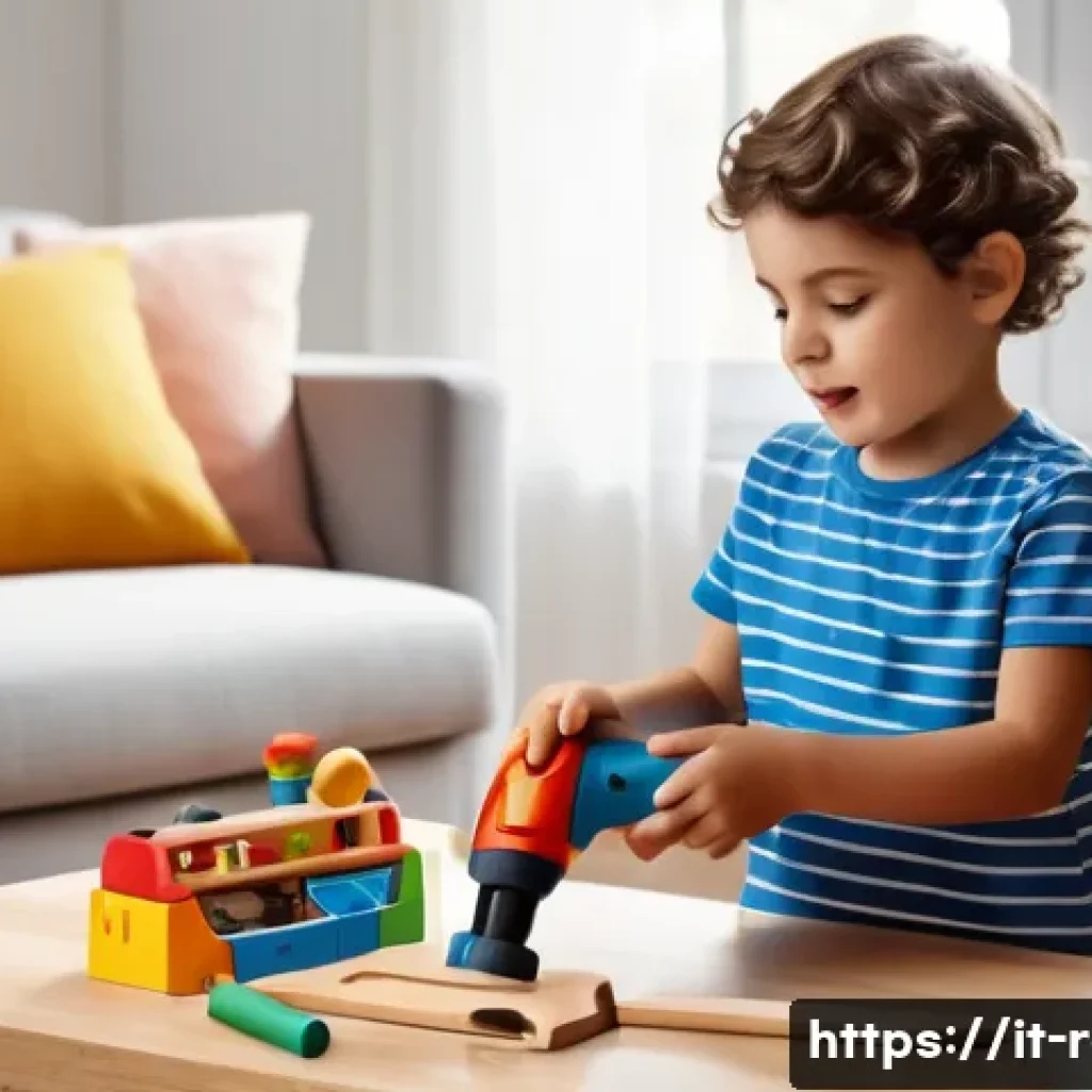 공구놀이 실제 소리 나는 제품 - A lively Italian family scene in a bright, modern living room where a young child, wearing casual cl...