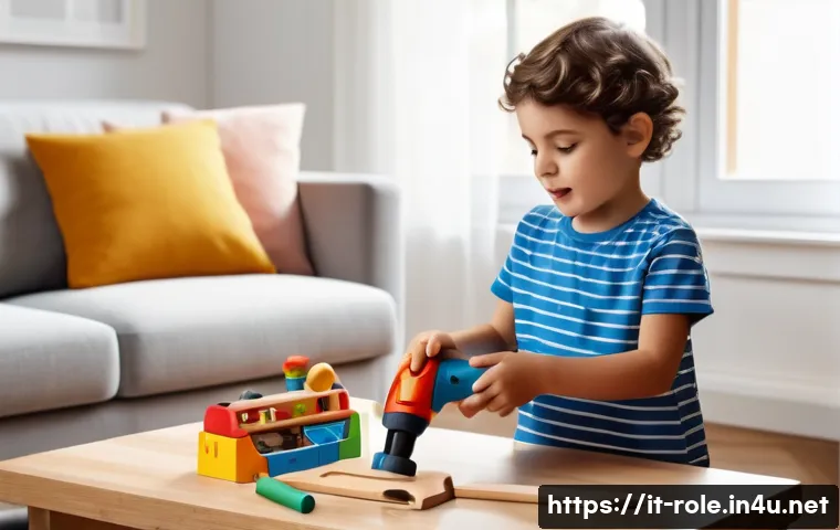 공구놀이 실제 소리 나는 제품 - A lively Italian family scene in a bright, modern living room where a young child, wearing casual cl...