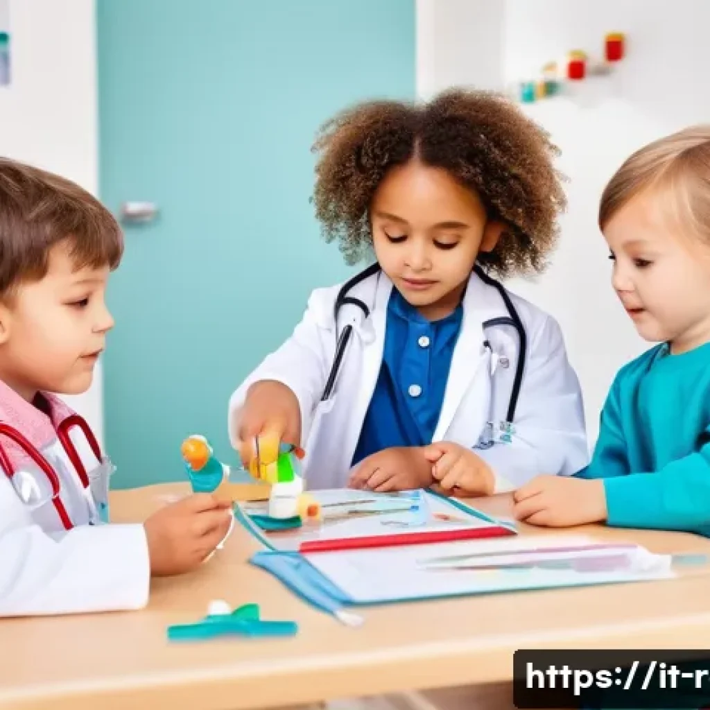 병원놀이 환자놀이 세트 - A group of young children playing doctor role-play indoors, wearing colorful and age-appropriate clo...