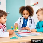 병원놀이 환자놀이 세트 - A group of young children playing doctor role-play indoors, wearing colorful and age-appropriate clo...