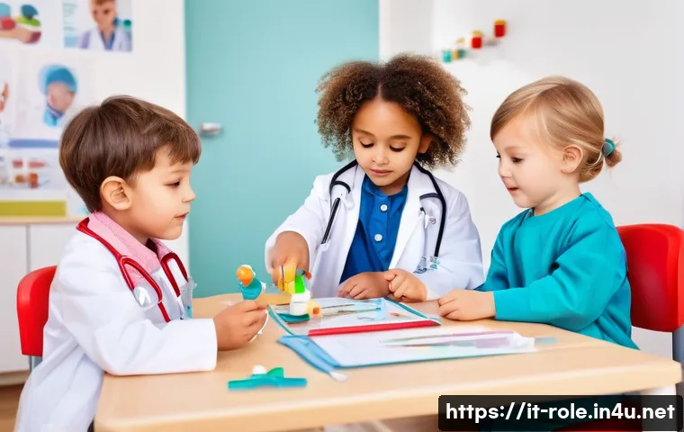 병원놀이 환자놀이 세트 - A group of young children playing doctor role-play indoors, wearing colorful and age-appropriate clo...