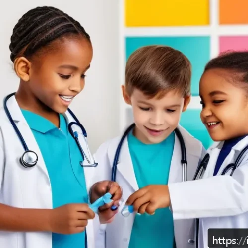 병원놀이 의사 가운 세트 - A group of diverse children aged 4 to 7 playing doctor role-play indoors in a bright, colorful playr...