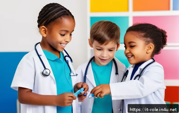 병원놀이 의사 가운 세트 - A group of diverse children aged 4 to 7 playing doctor role-play indoors in a bright, colorful playr...