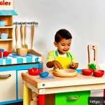 주방놀이 주방기기 세트 - A charming wooden children's play kitchen set named "Chef Junior Classic," crafted from natural wood...