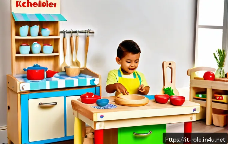 주방놀이 주방기기 세트 - A charming wooden children's play kitchen set named "Chef Junior Classic," crafted from natural wood...